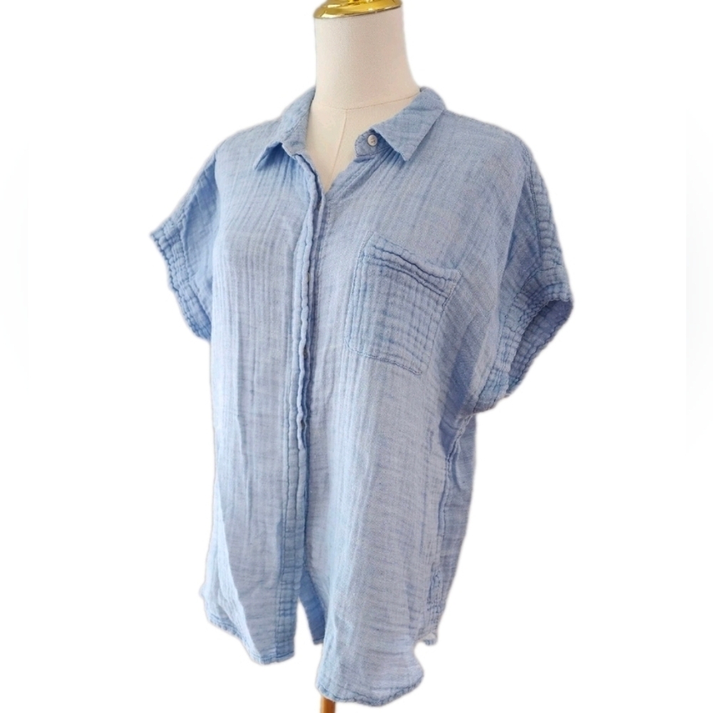 Vince Camuto Button-Down Shirt Linen Cotton Blend Relax Fit Textured Top Size L